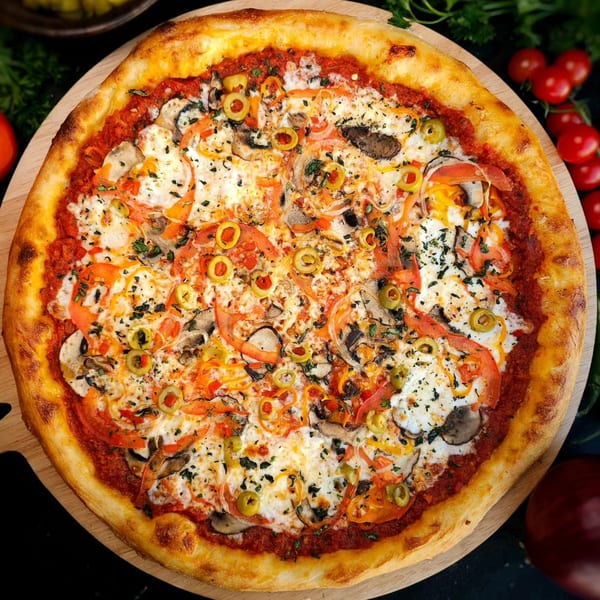 A freshly baked Bread Street Boys pizza, topped with cheese, tomatoes, mushrooms, and olives.