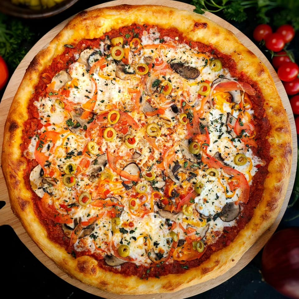 A freshly baked Bread Street Boys pizza, topped with cheese, tomatoes, mushrooms, and olives.