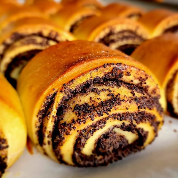 Close-up of golden-brown poppy seed rolls, with a row of blurred rolls in the background.