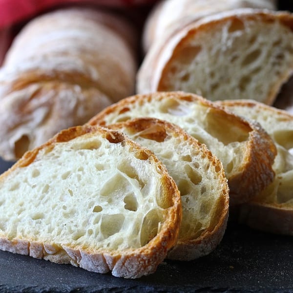 Close-up of sliced ciabatta bread with a crispy crust and airy interior on a dark surface.